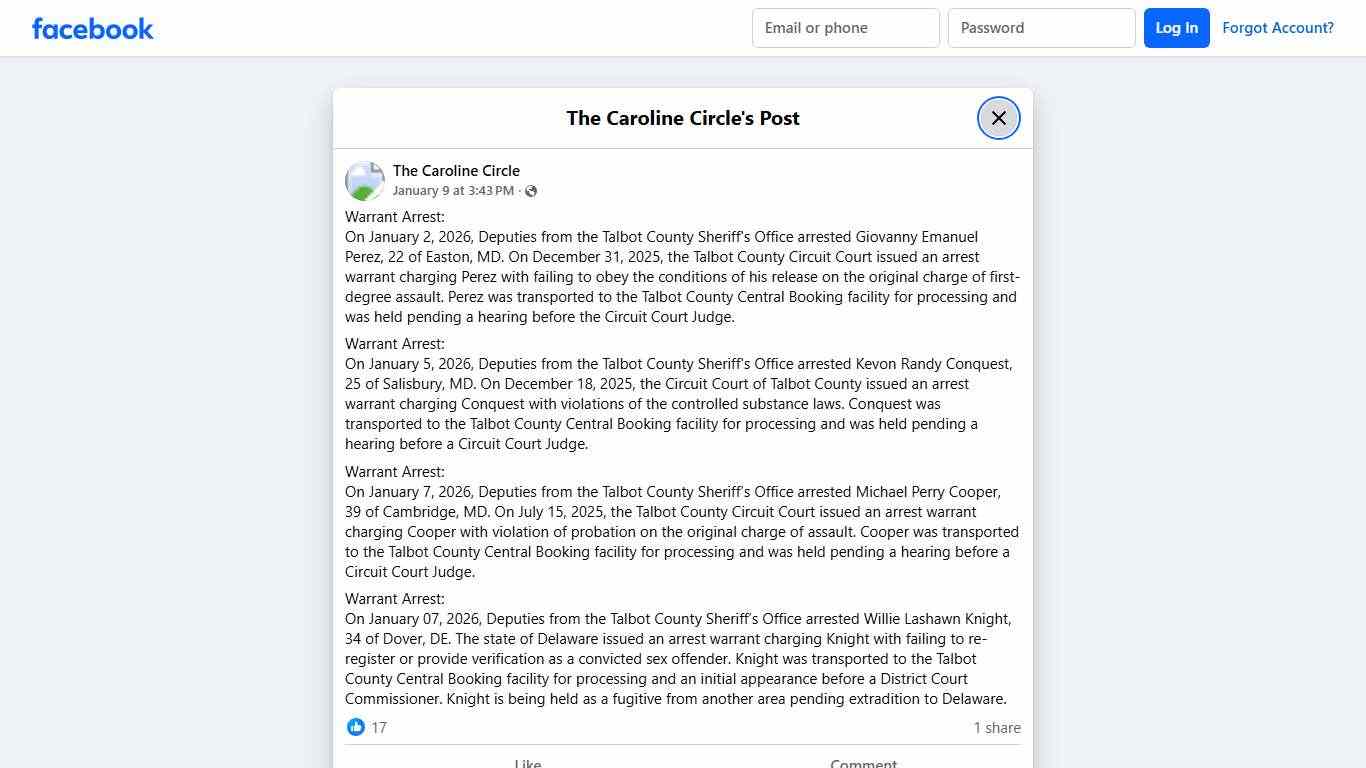 Warrant Arrest: ​​​ On January... - The Caroline Circle Facebook